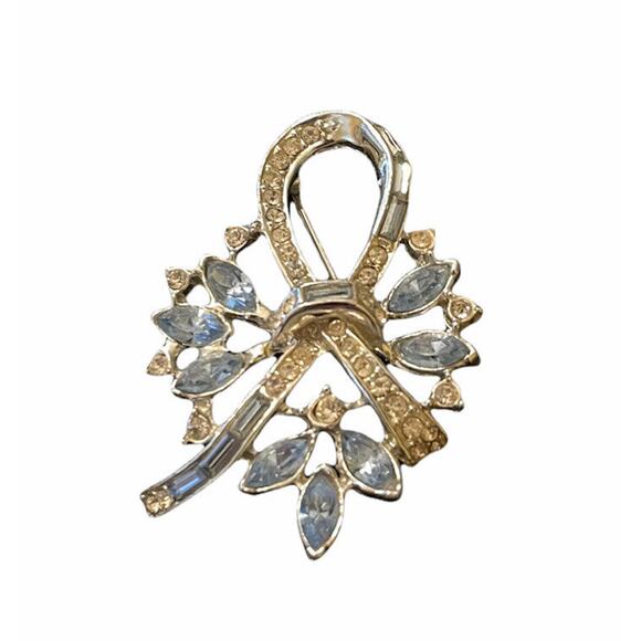 Vintage Rhinestone and Blue Stone Ribbon Brooch Pin 2" - Picture 1 of 7